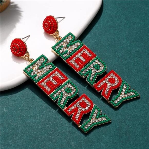 ✨ Beaded Christmas Letter Earrings | “Let It Snow” & “Jingle Bells” - Picture 1 of 4